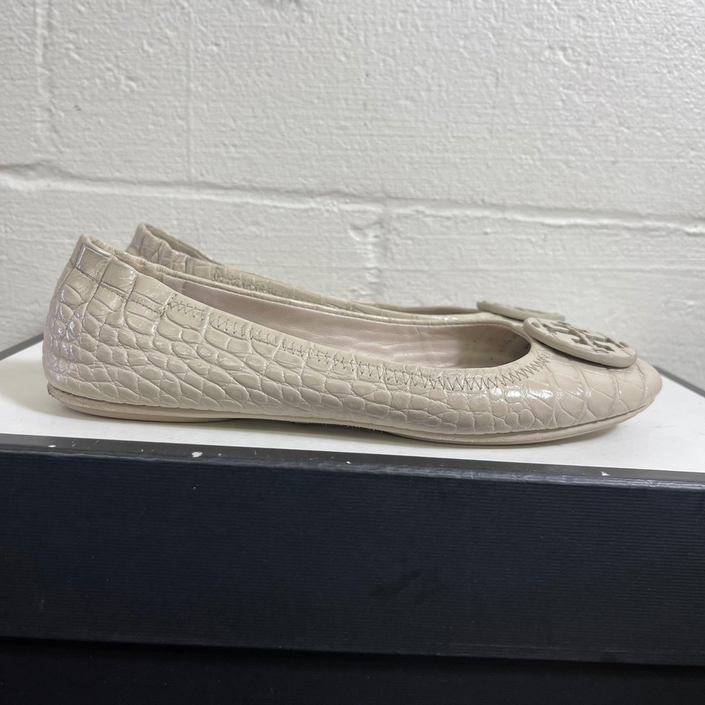 Tory Burch Minnie Travel Jamaica Ballet Flats Beige Leather Croc Women's 6.5